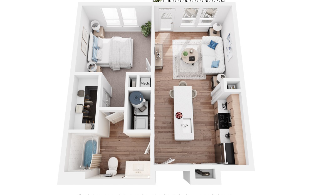 A1 - 1 bedroom floorplan layout with 1 bathroom and 611 - 621 square feet (3D)