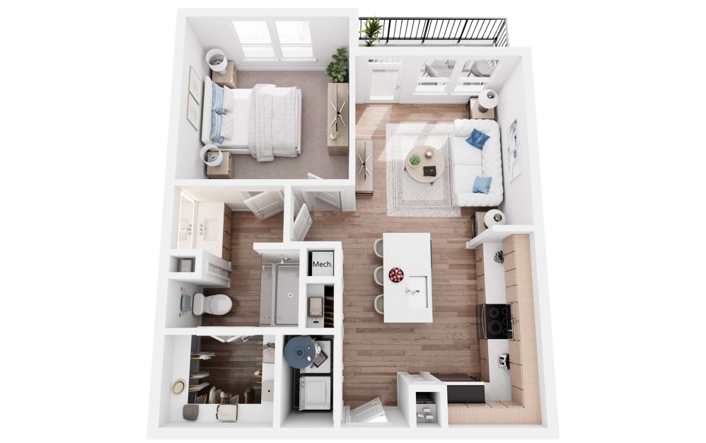 A2S - 1 bedroom floorplan layout with 1 bathroom and 637 square feet (3D)