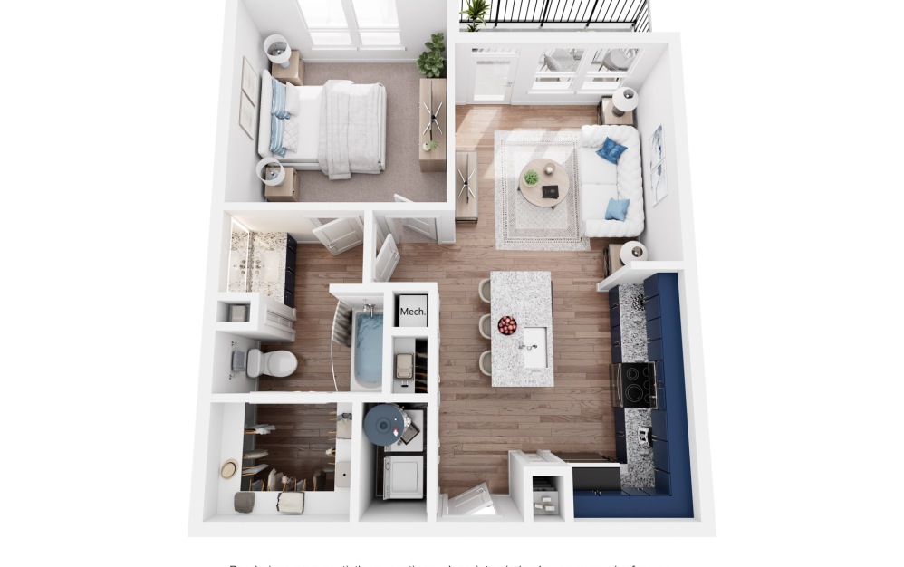 A2 - 1 bedroom floorplan layout with 1 bathroom and 637 square feet (3D)