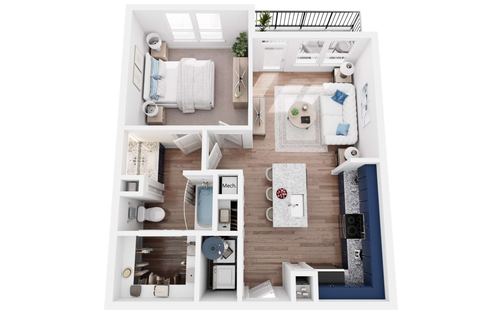 A2 - 1 bedroom floorplan layout with 1 bathroom and 637 square feet (3D)