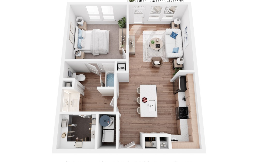 A3 - 1 bedroom floorplan layout with 1 bathroom and 713 square feet (3D)