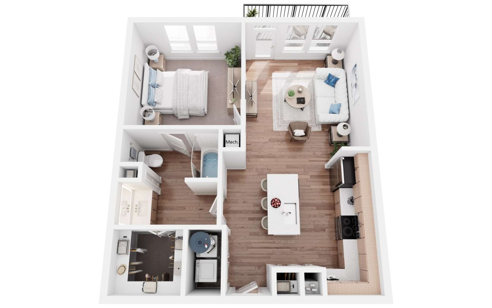 A3S - 1 bedroom floorplan layout with 1 bathroom and 713 square feet (3D)