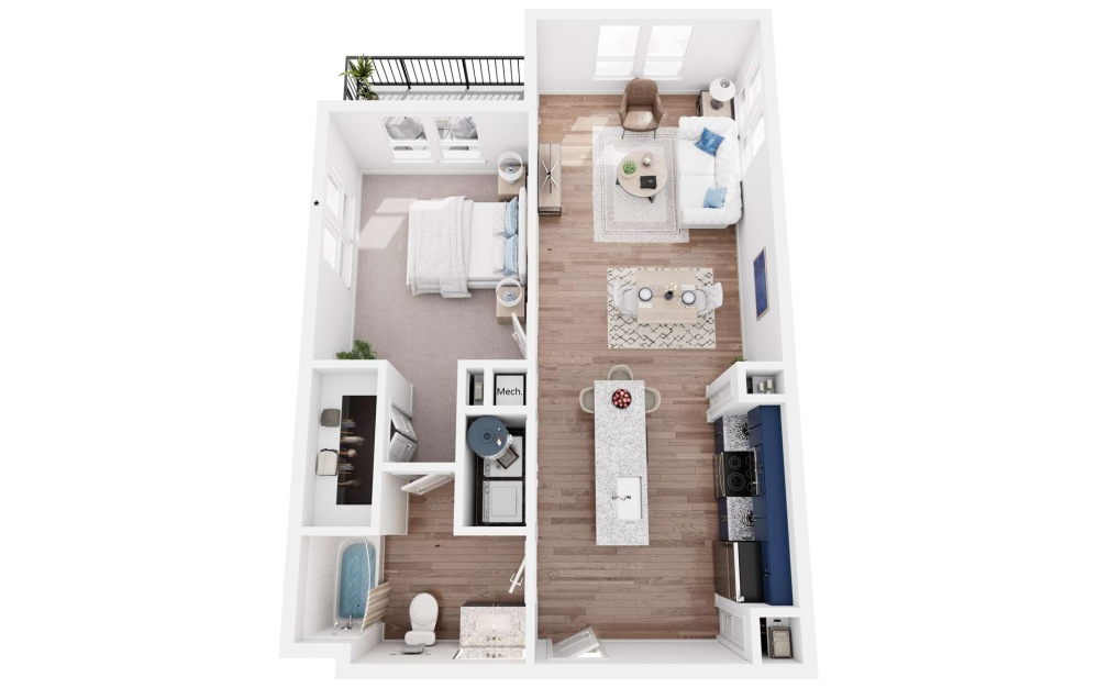 A4 - 1 bedroom floorplan layout with 1 bathroom and 755 square feet (3D)