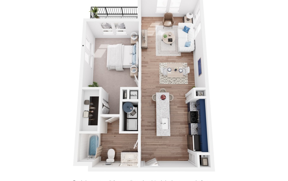 A4 - 1 bedroom floorplan layout with 1 bathroom and 755 square feet (3D)