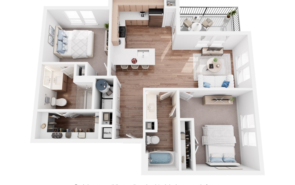 B1 - 2 bedroom floorplan layout with 2 bathrooms and 987 square feet (3D)