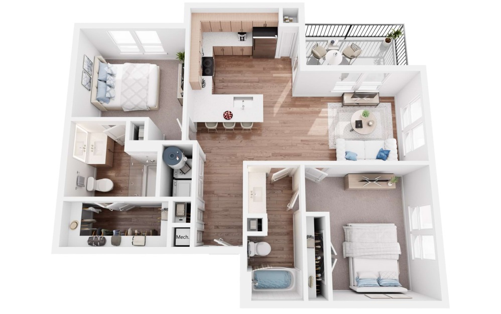 B1 - 2 bedroom floorplan layout with 2 bathrooms and 987 square feet (3D)