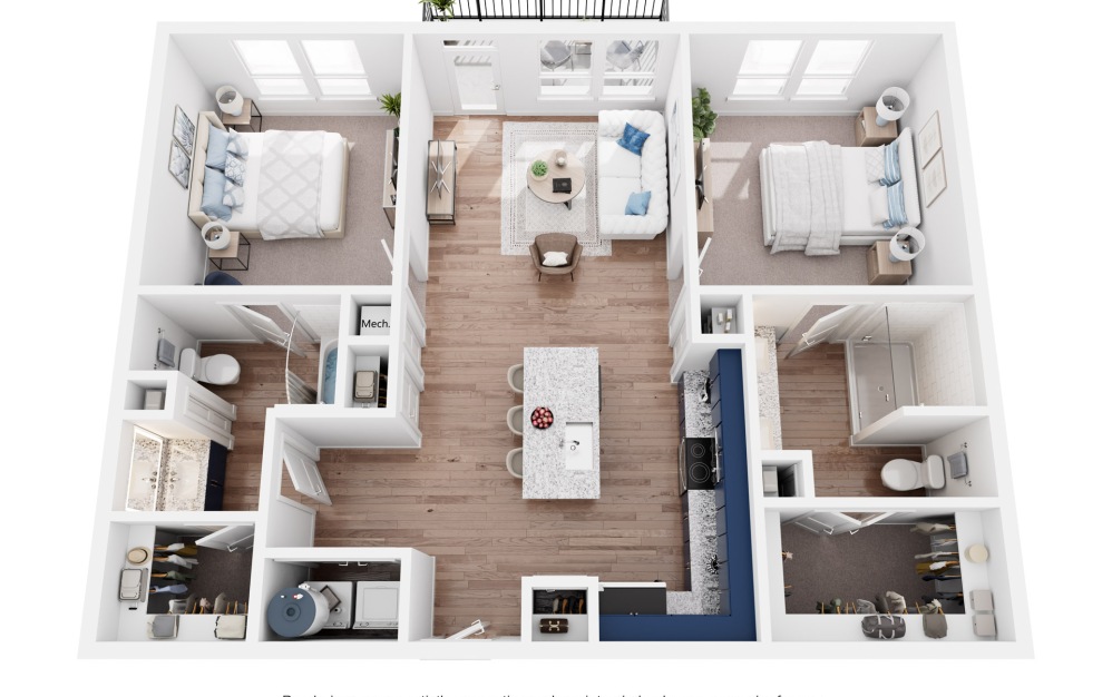 B2 - 2 bedroom floorplan layout with 2 bathrooms and 1036 square feet (3D)