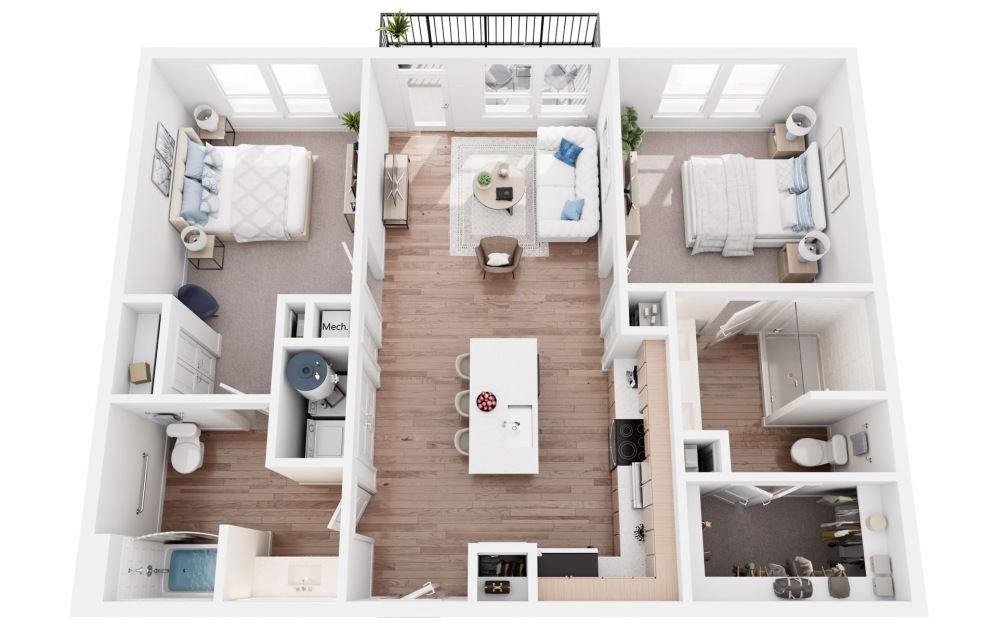 B2ALT - 2 bedroom floorplan layout with 2 bathrooms and 1036 square feet (3D)