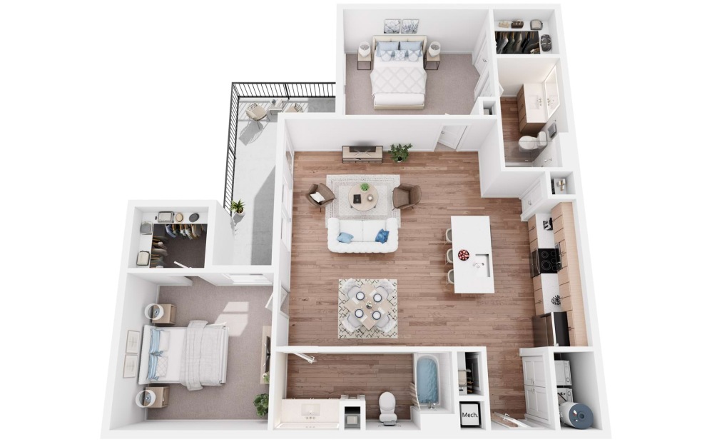 B3 - 2 bedroom floorplan layout with 2 bathrooms and 1083 square feet (3D) B3 - 2 bedroom floorplan layout with 2 bathrooms and 1083 square feet (3D)