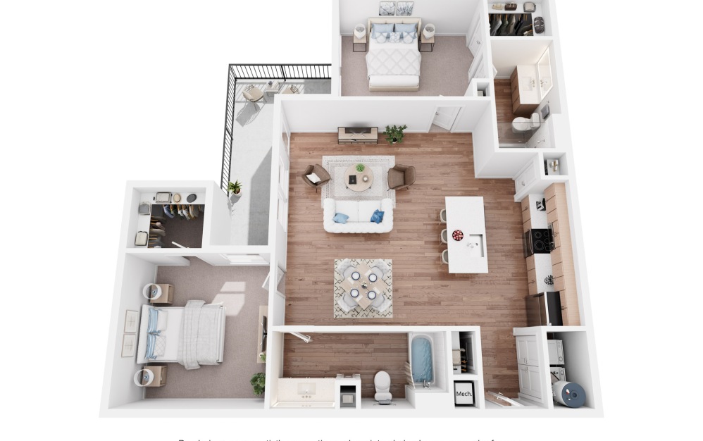 B3 - 2 bedroom floorplan layout with 2 bathrooms and 1083 square feet (3D)