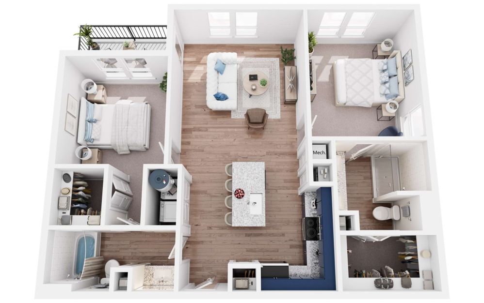 B4 - 2 bedroom floorplan layout with 2 bathrooms and 1080 square feet (3D)