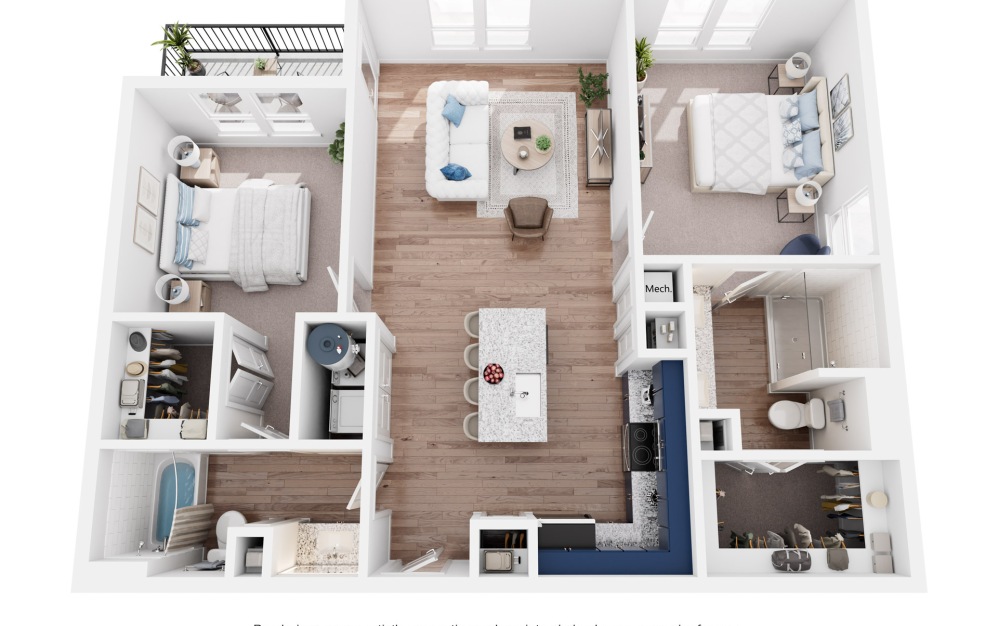 B4 - 2 bedroom floorplan layout with 2 bathrooms and 1080 square feet (3D)