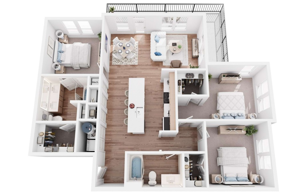 C1 - 3 bedroom floorplan layout with 2 bathrooms and 1320 square feet (3D)