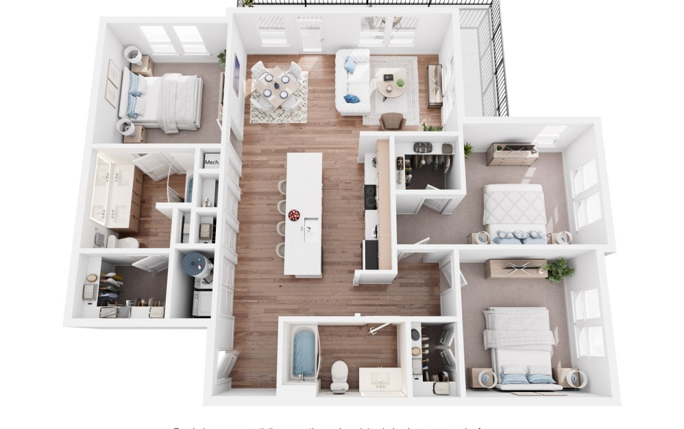 C1 - 3 bedroom floorplan layout with 2 bathrooms and 1320 square feet (3D)