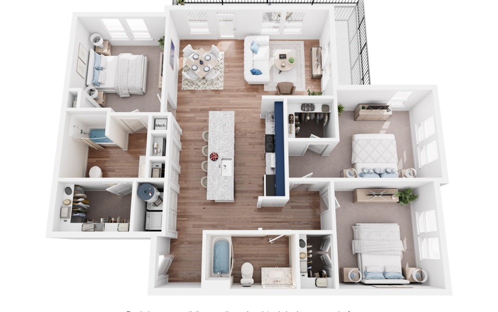 C1ALT - 3 bedroom floorplan layout with 2 bathrooms and 1320 square feet (3D)